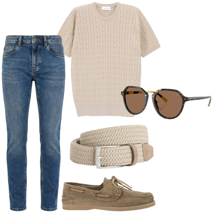 Outfit uomo - Casual classico. Stile Casual per Tutti i giorni. Abbinamento con t-shirt, cinture, jeans slim fit, scarpe stringate, occhiali da sole.
