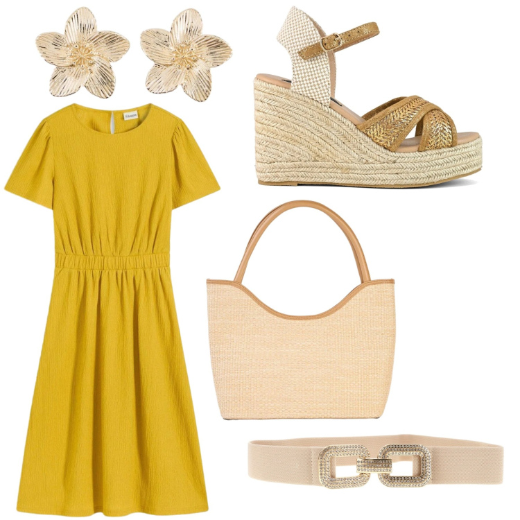 Outfit donna - Total look #2413899. Stile Casual per Ufficio. Abbinamento con vestiti, shopping bag, orecchini, zeppe, cinture.