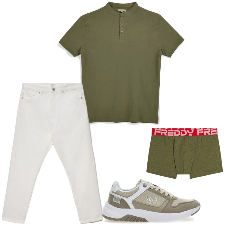 Outfit uomo - Bianco e verde. Stile Casual per Tutti i giorni. Abbinamento con jeans, boxer, sneakers, t-shirt.
