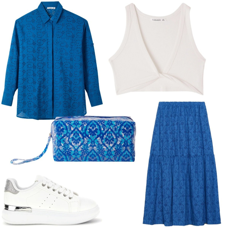 Outfit donna - Gonna lunga. Stile Romantica per Serata fuori. Abbinamento con valigie, top, camicie, gonne lunghe, sneakers.