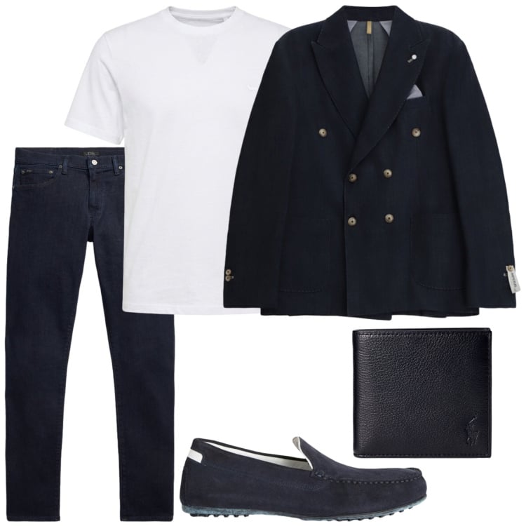 Outfit uomo - A cena con i suoi. Stile Trendy per Serata speciale. Abbinamento con giacche, scarpe stringate, t-shirt, portafogli, jeans.