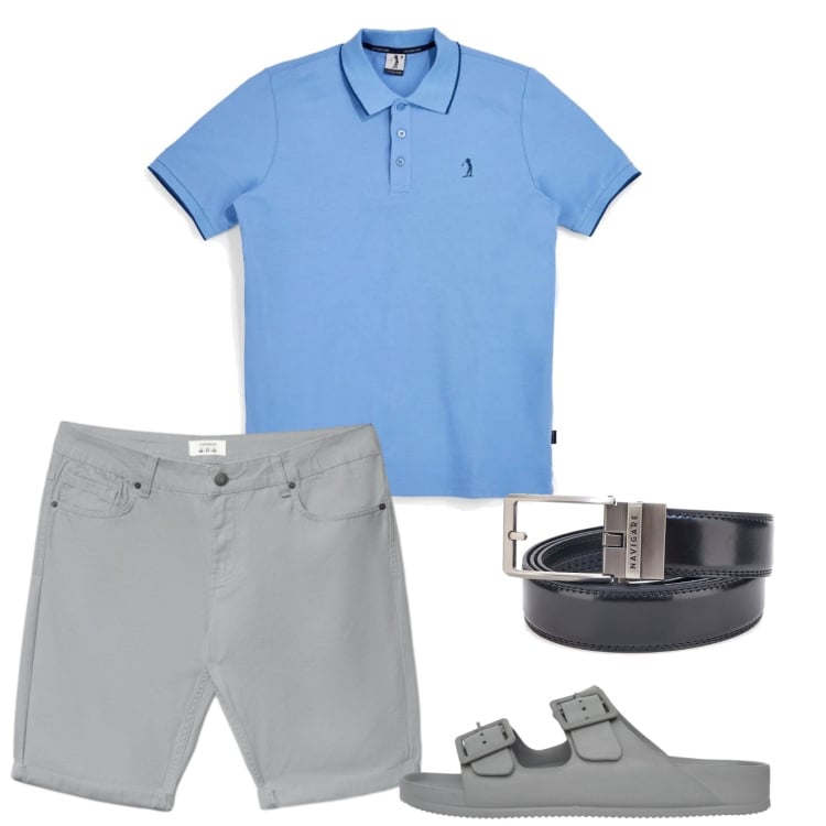 Outfit uomo - Serata estiva. Stile Casual per Tutti i giorni. Abbinamento con sandali, bermuda, cinture, polo.
