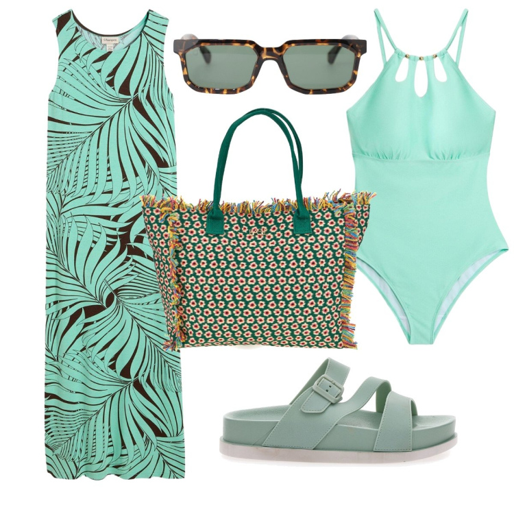 Outfit donna - Il costume intero modellante. Stile Boho per Mare. Abbinamento con vestiti, costumi interi, occhiali da sole, ciabatte, shopping bag.