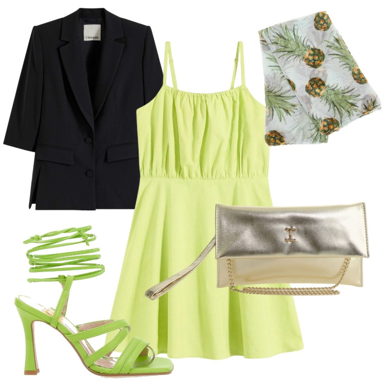 Outfit donna - Festa di laurea. Stile Chic per Cerimonia. Abbinamento con blazer, vestiti corti, borse a tracolla, sandali col tacco, foulard.