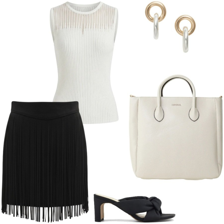 Outfit donna - Serata fuori. Stile Trendy per Serata fuori. Abbinamento con minigonne, canottiere, borse a tracolla, orecchini, sandali col tacco.