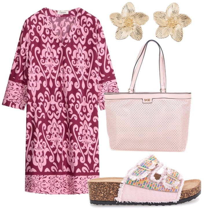 Outfit donna - L’abito caftano. Stile Etnico per Tutti i giorni. Abbinamento con vestiti, orecchini, ciabatte, borse a spalla.