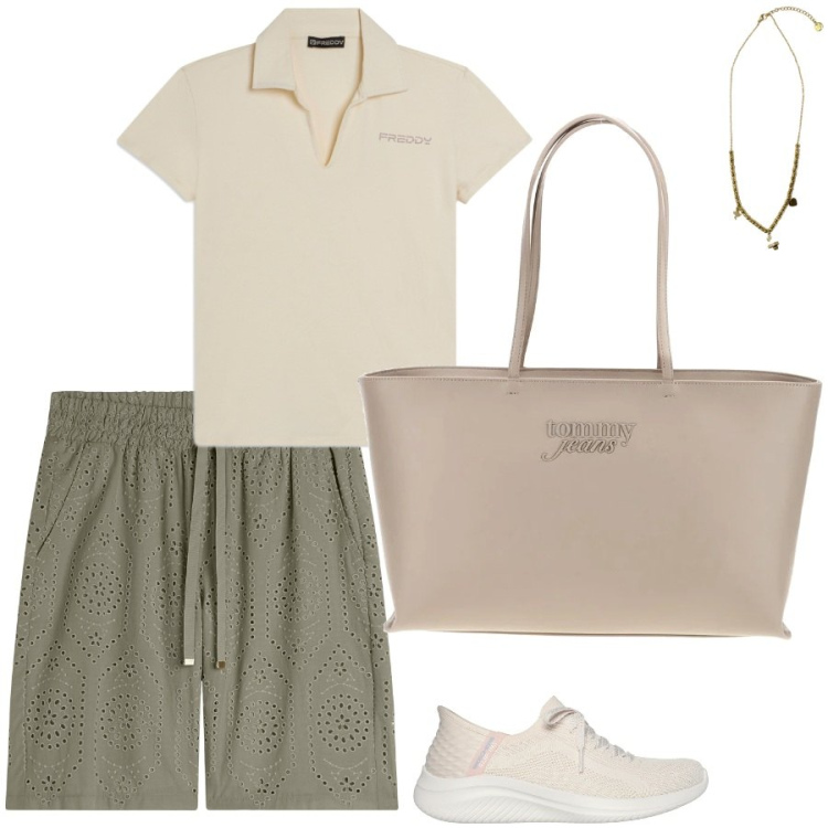 Outfit donna - Freddy style. Stile Casual per Tutti i giorni. Abbinamento con bermuda, ciondoli, t-shirt, borse a spalla, sneakers.