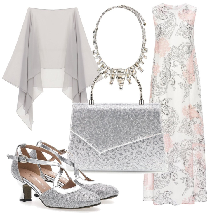 Outfit donna - Cerimonia in grigio. Stile Chic per Cerimonia. Abbinamento con vestiti lunghi, cappe, collane, scarpe col tacco, pochette.