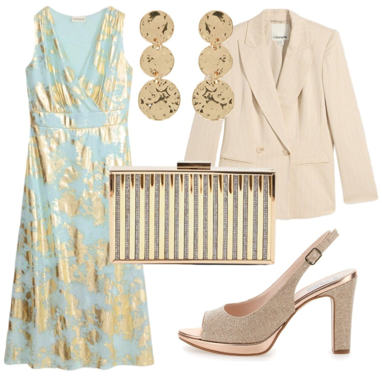 Outfit donna - Cerimonia dorata. Stile Chic per Cerimonia. Abbinamento con vestiti midi/longuette, blazer, clutch, orecchini, décolleté.