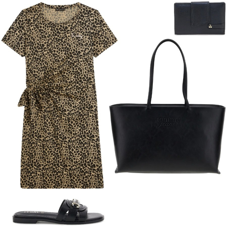 Outfit donna - Animalier. Stile Casual per Tutti i giorni. Abbinamento con vestiti midi/longuette, ciabatte, borse a spalla, portafogli.