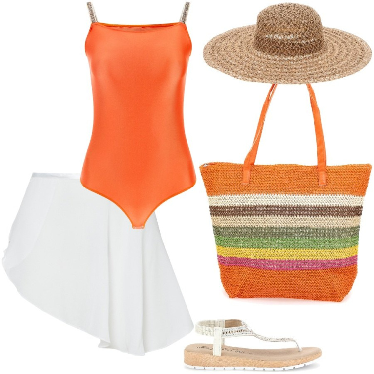 Outfit donna - Orange colour. Stile Casual per Mare. Abbinamento con top, minigonne, shopping bag, cappelli, ciabatte.