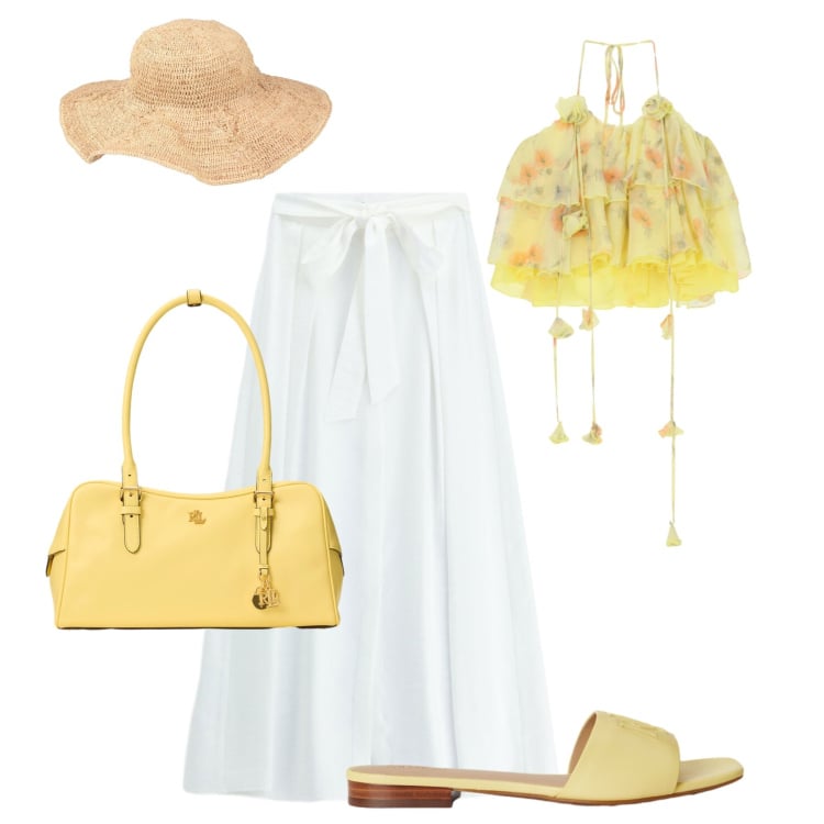 Outfit donna - Freschezza per una gita. Stile Glamour per Tutti i giorni. Abbinamento con cappelli, top, gonne lunghe, borse a mano, ciabatte.