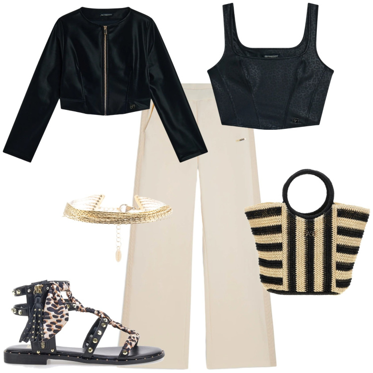 Outfit donna - Sporty chic aperitivo serata. Stile Sporty chic per Serata fuori. Abbinamento con blazer, braccialetti, top, pantaloni, borse a mano, sandali.