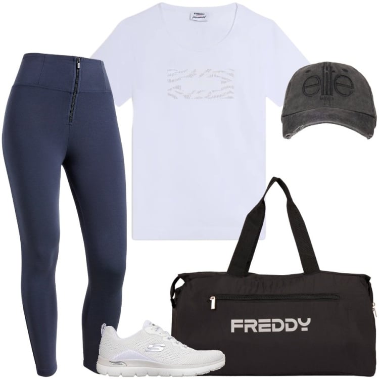 Outfit donna - Free time. Stile Casual per Tutti i giorni. Abbinamento con pantaloni skinny, borse sportive, cappelli, t-shirt, scarpe sportive.
