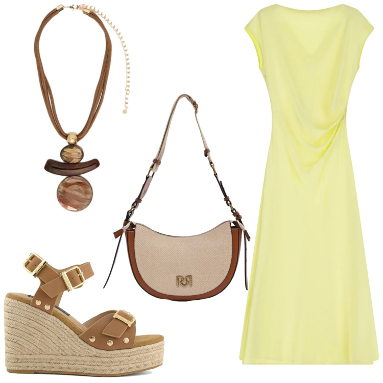 Outfit donna - Etnogiallo. Stile Etnico per Tutti i giorni. Abbinamento con borse a tracolla, vestiti midi/longuette, ciondoli, zeppe.