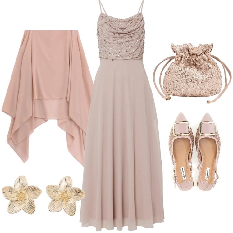 Outfit donna - La damigella della sposa. Stile Chic per Cerimonia. Abbinamento con vestiti, orecchini, pochette, cappe, sandali.