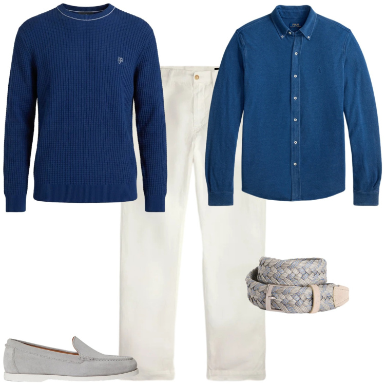 Outfit uomo - Trendy aperitivo serata. Stile Trendy per Serata speciale. Abbinamento con cinture, maglieria, camicie, pantaloni, scarpe stringate.