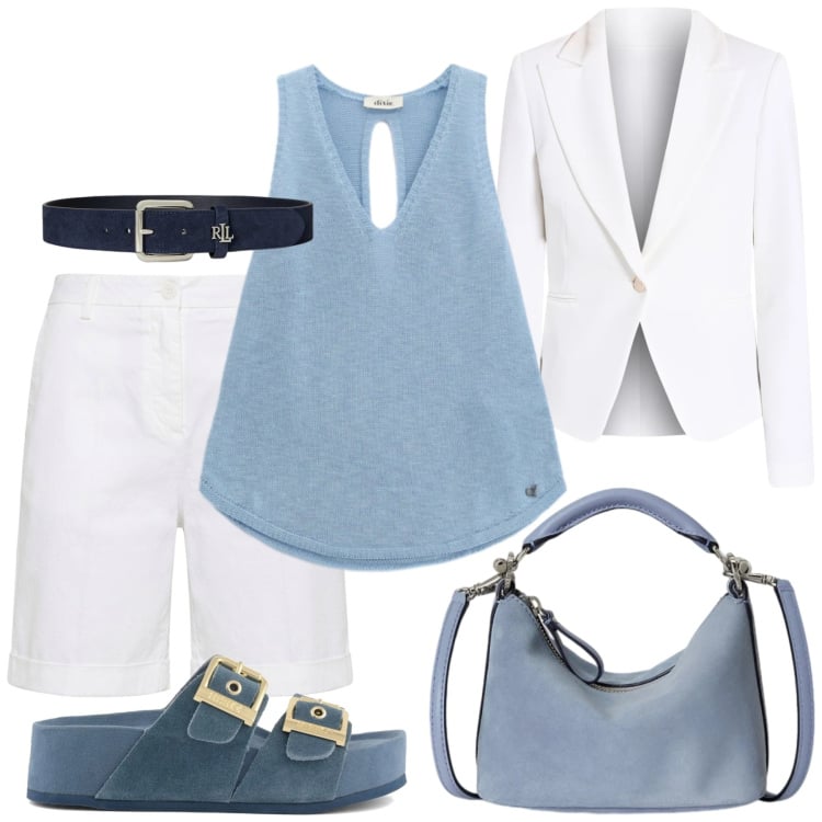 Outfit donna - Total look #2413933. Stile Trendy per Mare. Abbinamento con blazer, bermuda, top, borse a spalla, cinture, ciabatte.