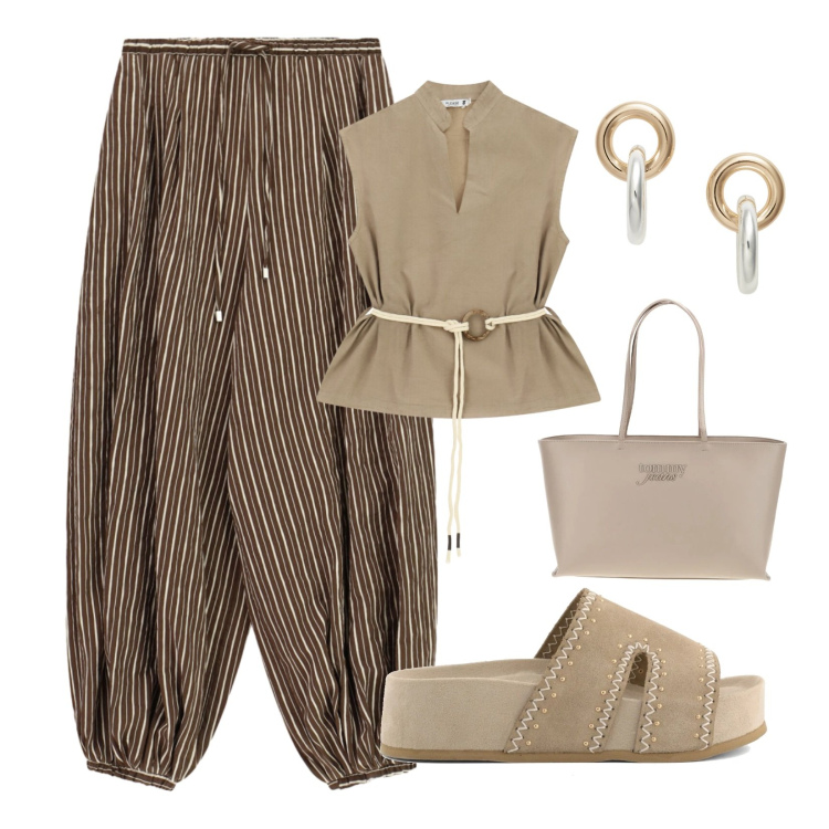 Outfit donna - Slow pleasure. Stile Trendy per Tutti i giorni. Abbinamento con pantaloni a palazzo, camicie, orecchini, zeppe, borse a spalla.