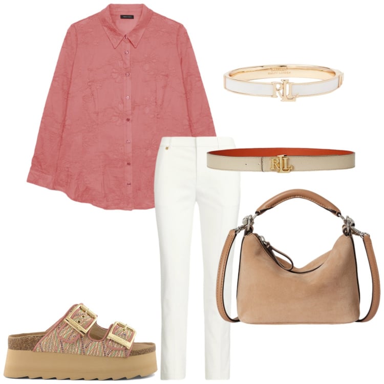 Outfit donna - Total look #2413937. Stile Casual chic per Ufficio. Abbinamento con camicie, pantaloni, cinture, borse a spalla, braccialetti, ciabatte.