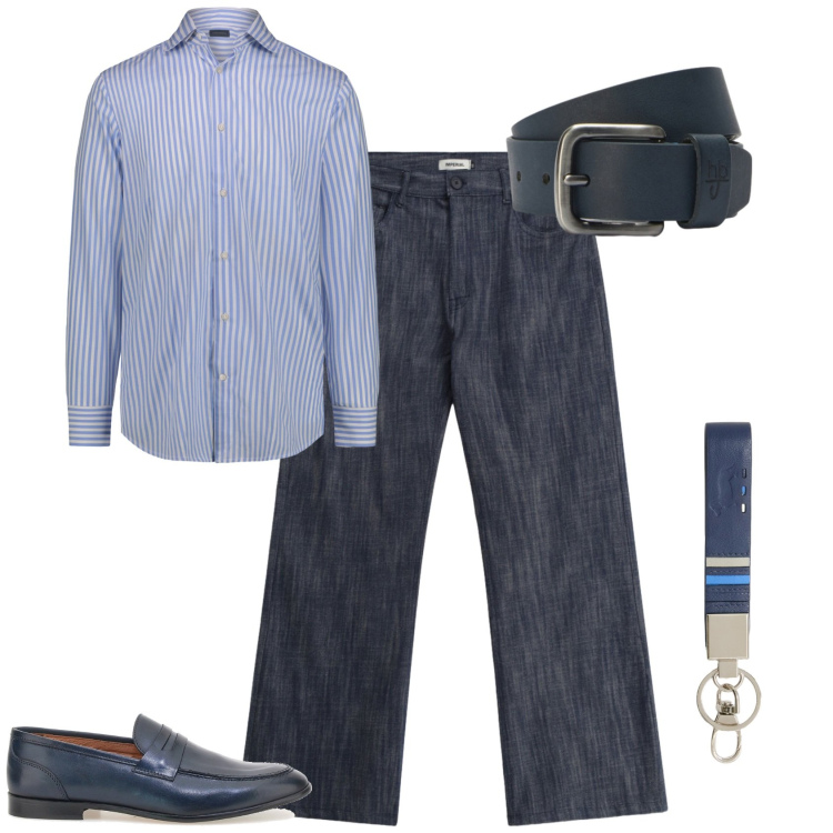 Outfit uomo - Trendy ufficio tempo libero. Stile Trendy per Tutti i giorni. Abbinamento con jeans, portachiavi, cinture, camicie, scarpe stringate.