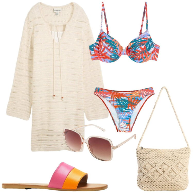Outfit donna - Passeggiata al tramonto. Stile Glamour per Tutti i giorni. Abbinamento con vestiti corti, borse a tracolla, bikini, ciabatte, occhiali da sole.