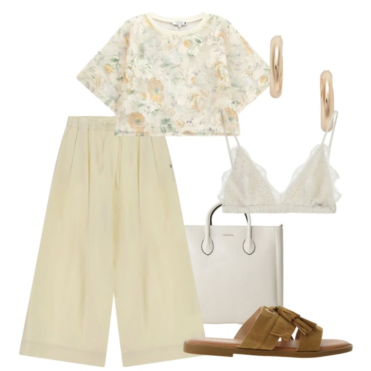 Outfit donna - Summer Please. Stile Casual chic per Tutti i giorni. Abbinamento con sandali, reggiseni, borse a tracolla, top, pantaloni a palazzo, orecchini.