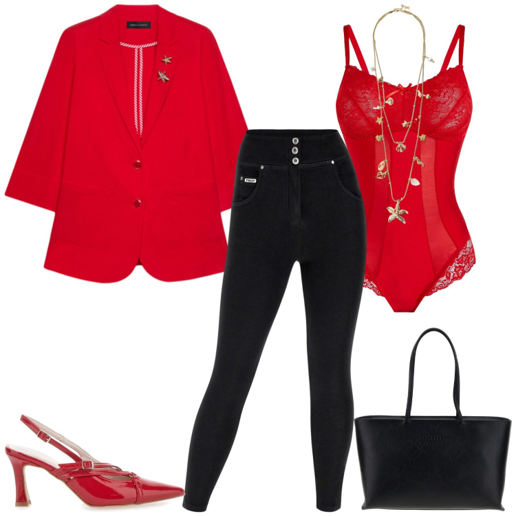 Outfit donna - Total look #2413949. Stile Sexy per Serata fuori. Abbinamento con body, collane, pantaloni skinny, blazer, décolleté, borse a spalla.