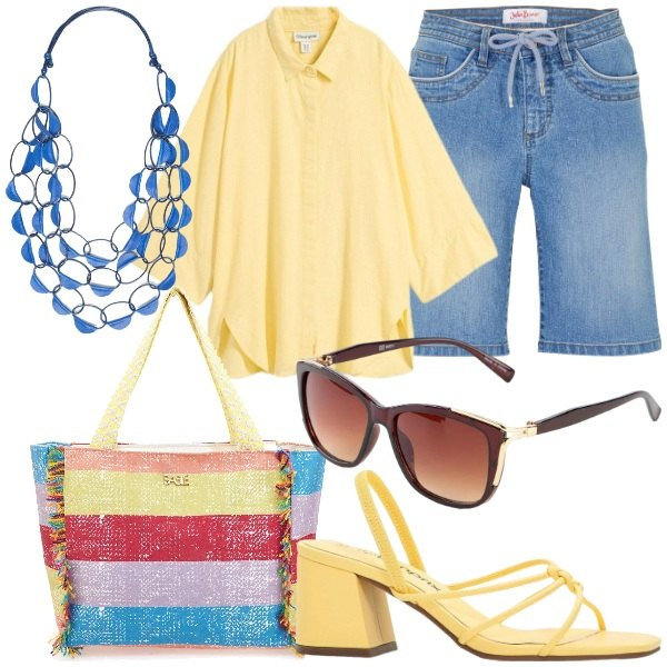 Outfit donna - City Summer Mood. Stile Casual chic per Tutti i giorni. Abbinamento con camicie, sandali col tacco, bermuda, occhiali da sole, collane, shopping bag.