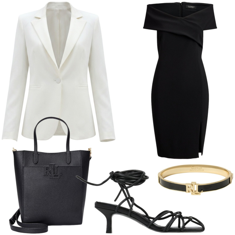 Outfit donna - Black and White. Stile Chic per Serata fuori. Abbinamento con sandali col tacco, blazer, vestiti, borse tote, braccialetti.