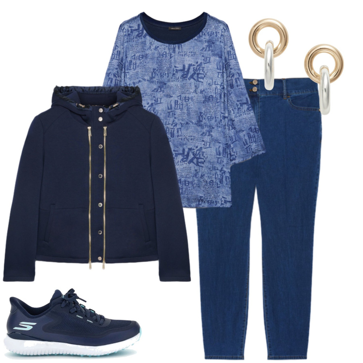 Outfit donna - Total look #2413957. Stile Casual chic per Tutti i giorni. Abbinamento con blazer, jeans skinny, bluse, orecchini, sneakers.