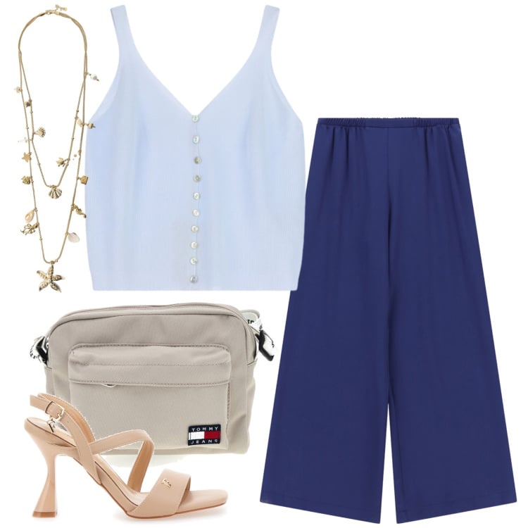 Outfit donna - Total look #2413959. Stile Casual chic per Tutti i giorni. Abbinamento con pantaloni a palazzo, top, collane, sandali col tacco, borse a tracolla.