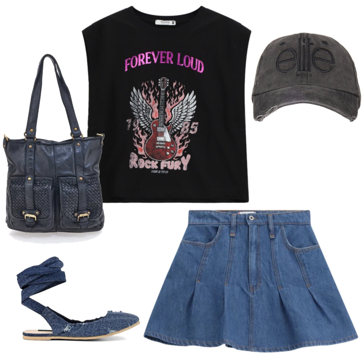 Outfit donna - Total look #2413960. Stile Casual chic per Tutti i giorni. Abbinamento con top, minigonne, cappelli, ballerine, borse a spalla.