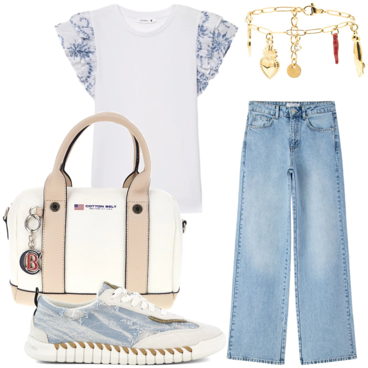 Outfit donna - Total look #2413961. Stile Casual chic per Tutti i giorni. Abbinamento con t-shirt, jeans dritti, braccialetti, sneakers, borse a mano.
