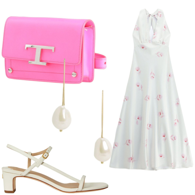 Outfit donna - Garden party. Stile Romantica per Cerimonia. Abbinamento con marsupi, vestiti lunghi, orecchini, sandali in pelle.