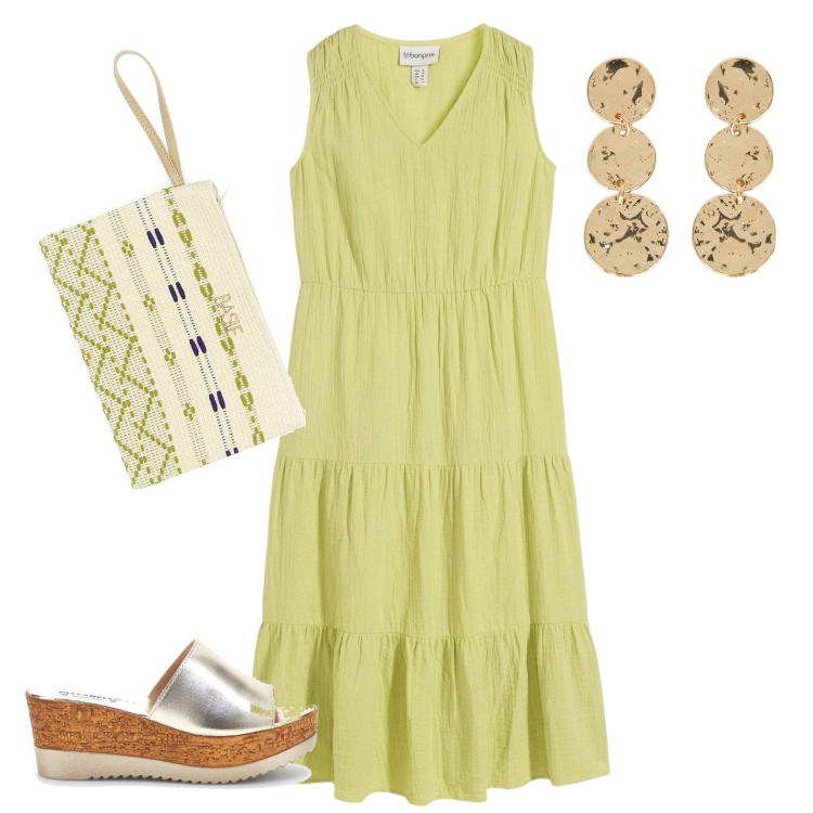 Outfit donna - Total look #2413963. Stile Casual chic per Tutti i giorni. Abbinamento con vestiti, orecchini, pochette, zeppe.