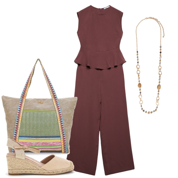 Outfit donna - Total look #2413966. Stile Casual chic per Tutti i giorni. Abbinamento con tute, collane, zeppe, shopping bag.