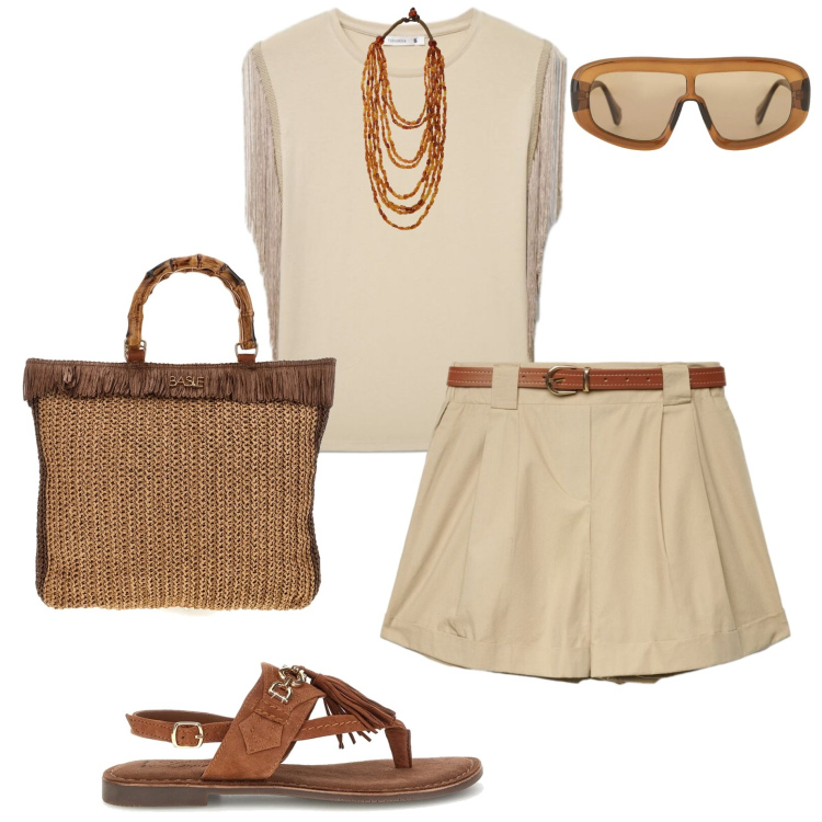 Outfit donna - Look estivo. Stile Casual chic per Tutti i giorni. Abbinamento con t-shirt, shorts, occhiali da sole, collane, sandali, borse a mano.