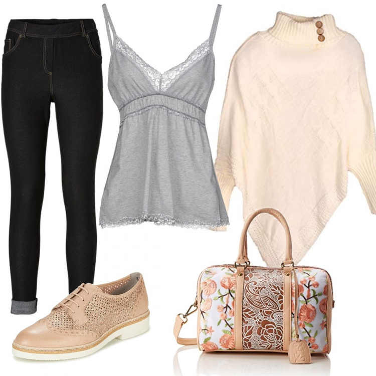 Outfit donna - Primavera pazzerella. Stile Bon Ton per Tutti i giorni. Abbinamento con jeggings, canottiera con pizzo collo a v jersey, scarpe beige, borsa beige, poncio collo a scialle in in maglia aderente.