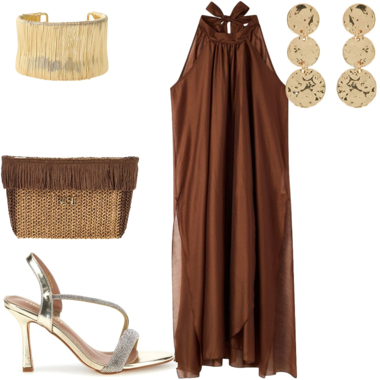 Outfit donna - Giugno by night. Stile Casual chic per Serata fuori. Abbinamento con vestiti lunghi, braccialetti, orecchini, sandali col tacco, pochette.