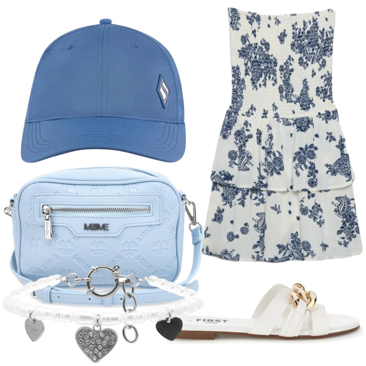 Outfit donna - Blu e bianco. Stile Mannish per Tutti i giorni. Abbinamento con cappelli con visiera, vestiti corti, braccialetti, ciabatte, borse a tracolla.