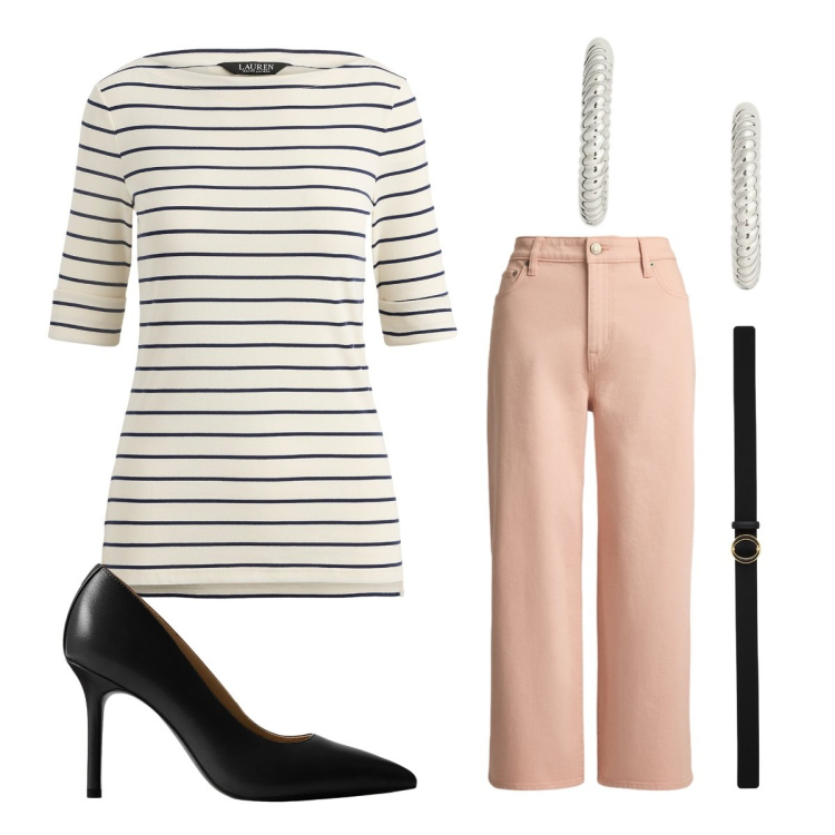 Outfit donna - Stile rigato. Stile Casual chic per Ufficio. Abbinamento con cinture, décolleté, orecchini, jeans, t-shirt.