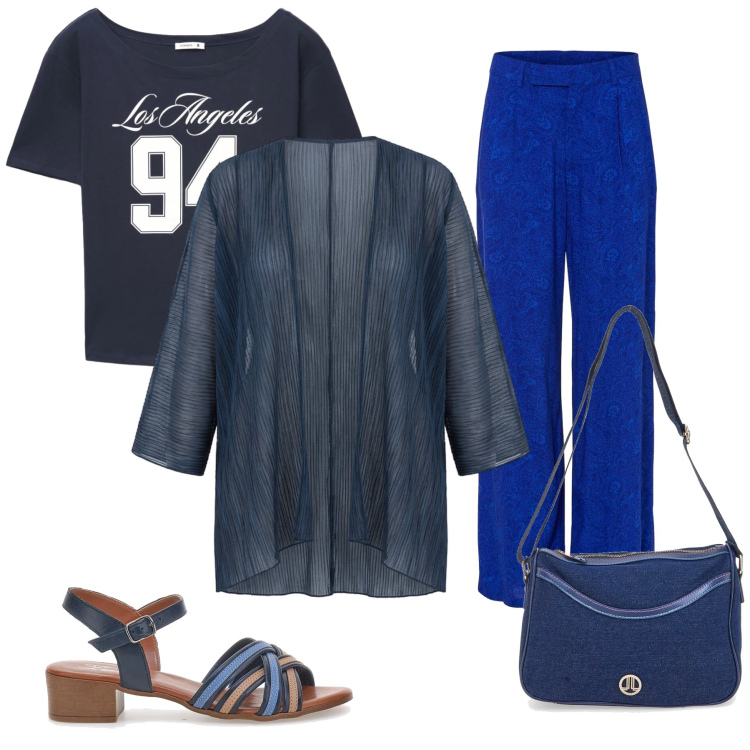 Outfit donna - Total look #2413978. Stile Casual chic per Tutti i giorni. Abbinamento con pantaloni a palazzo, t-shirt, blazer, borse a tracolla, sandali col tacco.