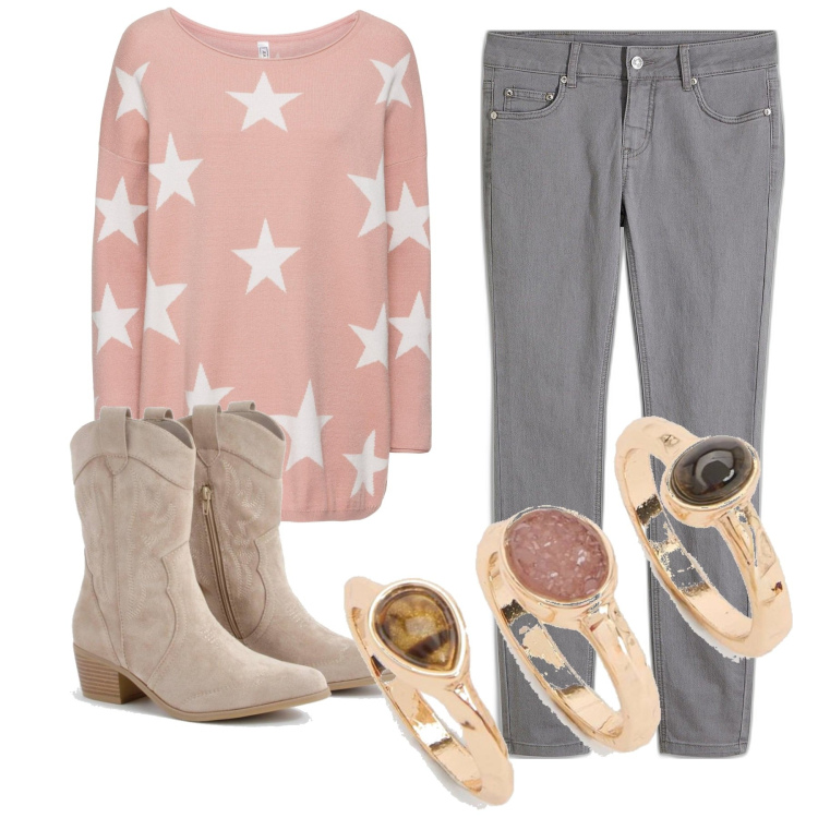 Outfit femme - Cowgirl. Style Rock pour Soirée dehors. Assortir avec jean skinny, pulls, bagues, bottes.