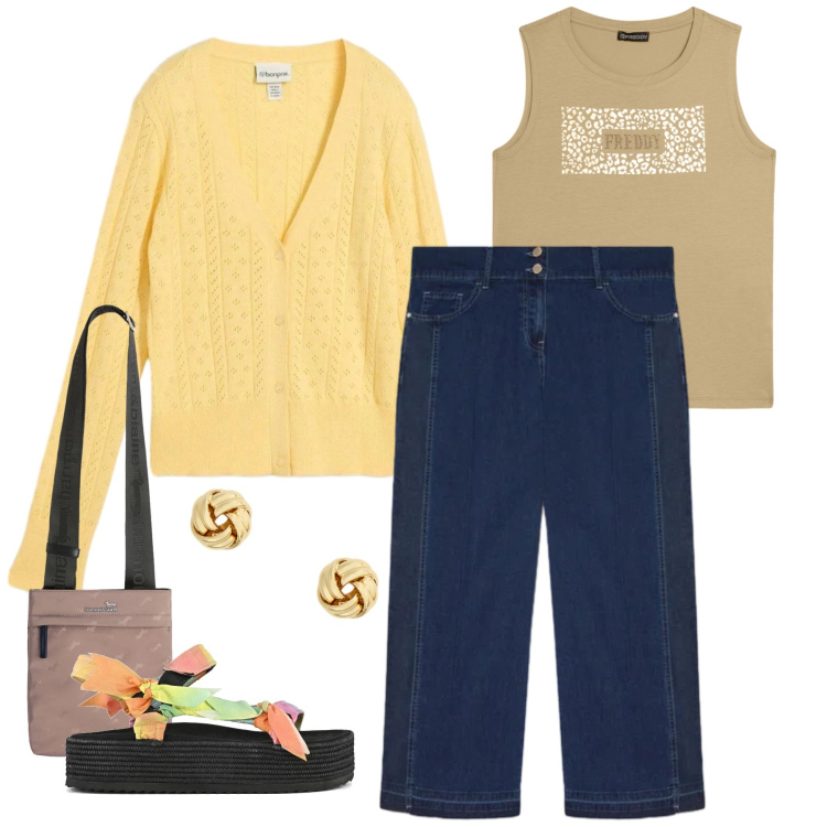 Outfit donna - Total look #2413980. Stile Casual chic per Tutti i giorni. Abbinamento con cardigans, borse a tracolla, top, jeans, orecchini, sandali.