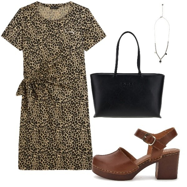 Outfit donna - Animalier. Stile Rock per Tutti i giorni. Abbinamento con vestiti midi/longuette, ciondoli, borse a spalla, zoccoli.