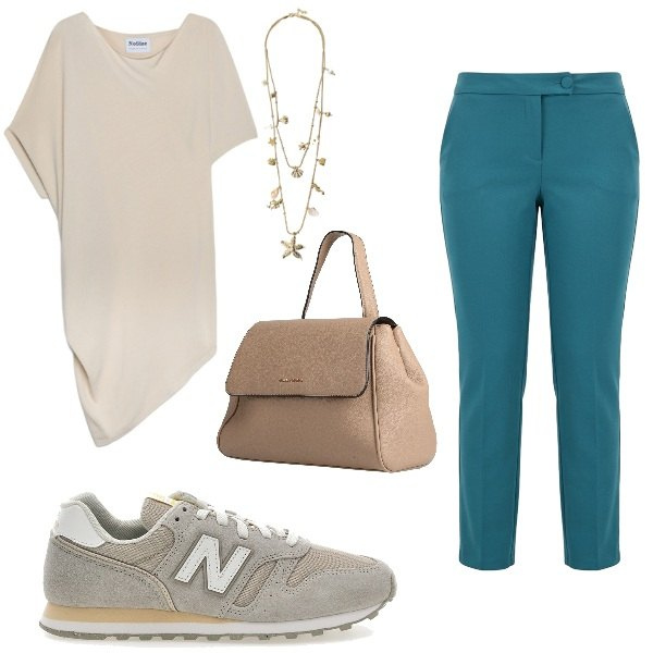 Outfit donna - Sporty chic. Stile Sporty chic per Ufficio. Abbinamento con zaini, pantaloni, collane, maglieria, sneakers.