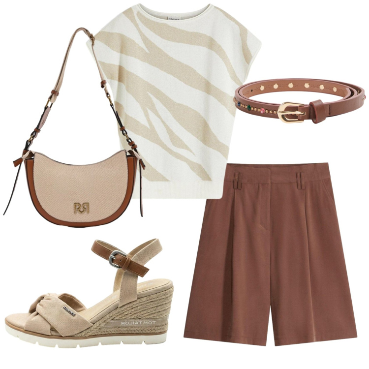 Outfit donna - Total look #2413985. Stile Basic per Ufficio. Abbinamento con bermuda, t-shirt, sandali col tacco, cinture, borse a tracolla.