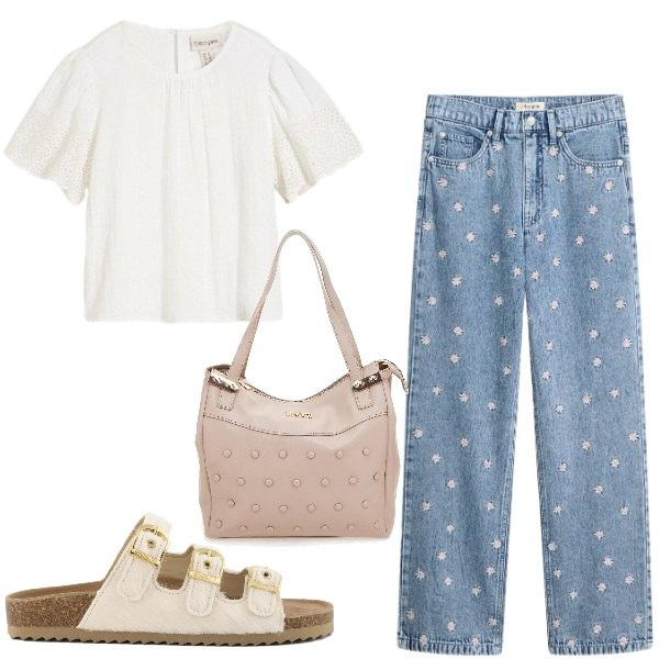 Outfit donna - seventies. Stile 70s per Scuola/Università. Abbinamento con bluse, jeans dritti, shopping bag, sandali in pelle.