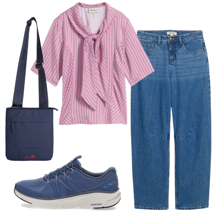 Outfit donna - Total look #2413987. Stile Casual per Tutti i giorni. Abbinamento con bluse, jeans, borse a tracolla, sneakers.